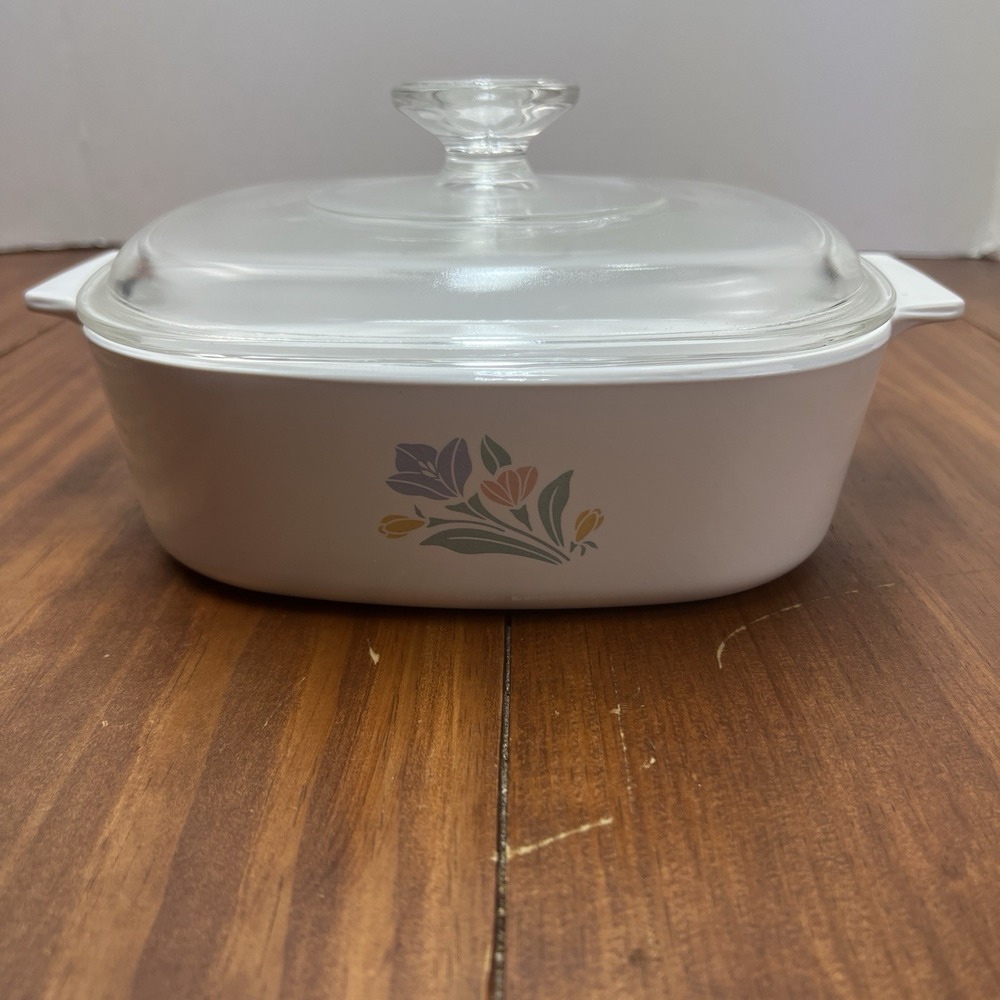 Corning Ware Pastel Bouquet Casserole Dish Glass Lid Vintage